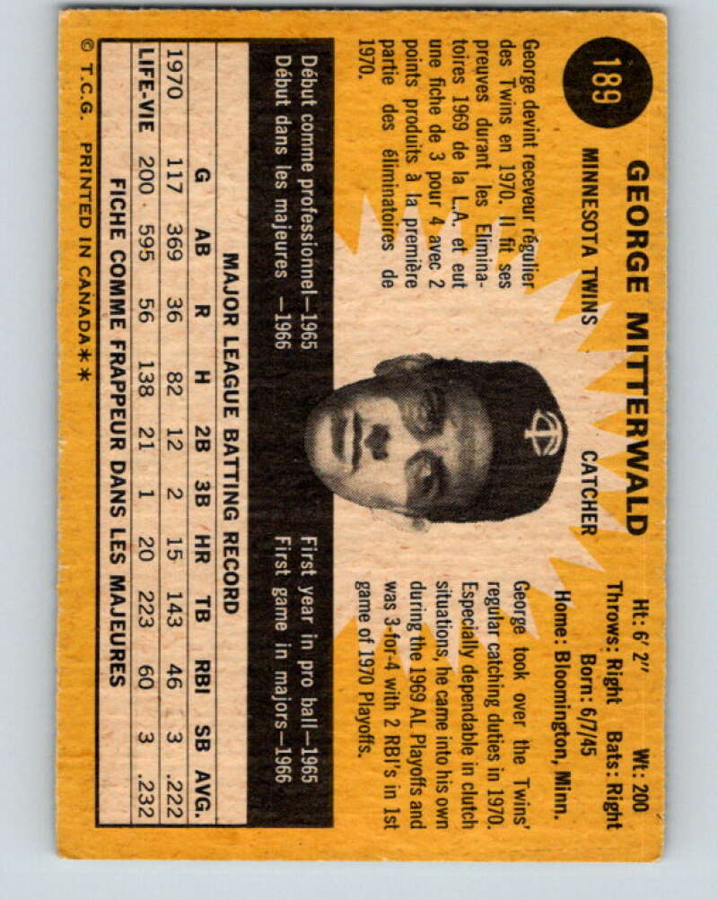 1971 O-Pee-Chee MLB #189 George Mitterwald� Minnesota Twins� V10999