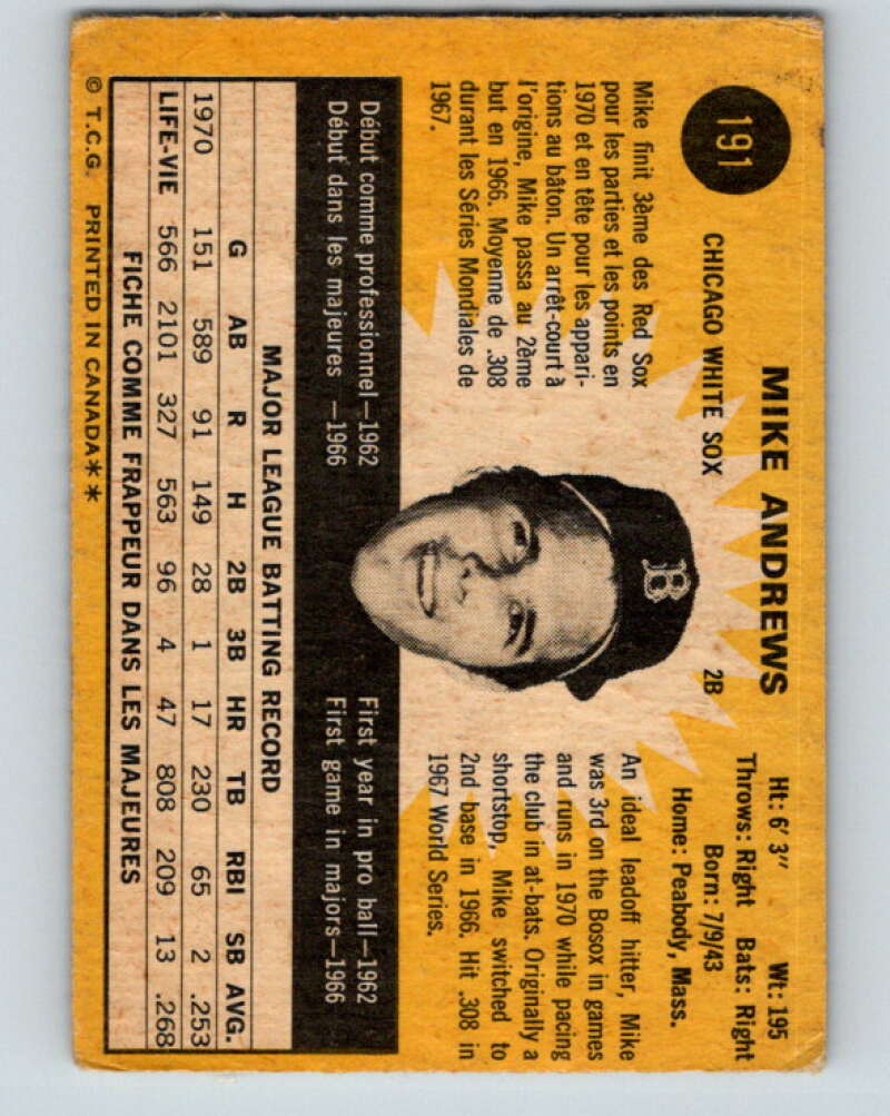 1971 O-Pee-Chee MLB #191 Mike Andrews� Chicago White Sox� V11003