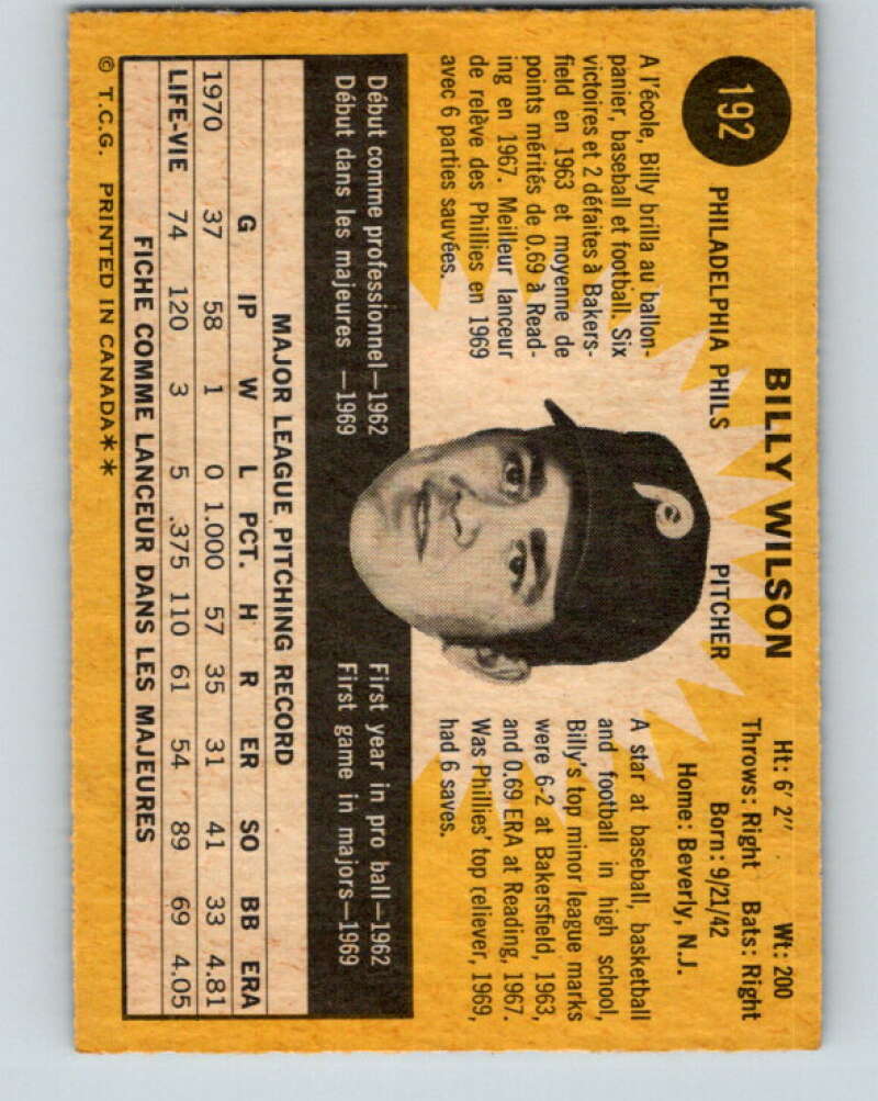 1971 O-Pee-Chee MLB #192 Billy Wilson� Philadelphia Phillies� V11004