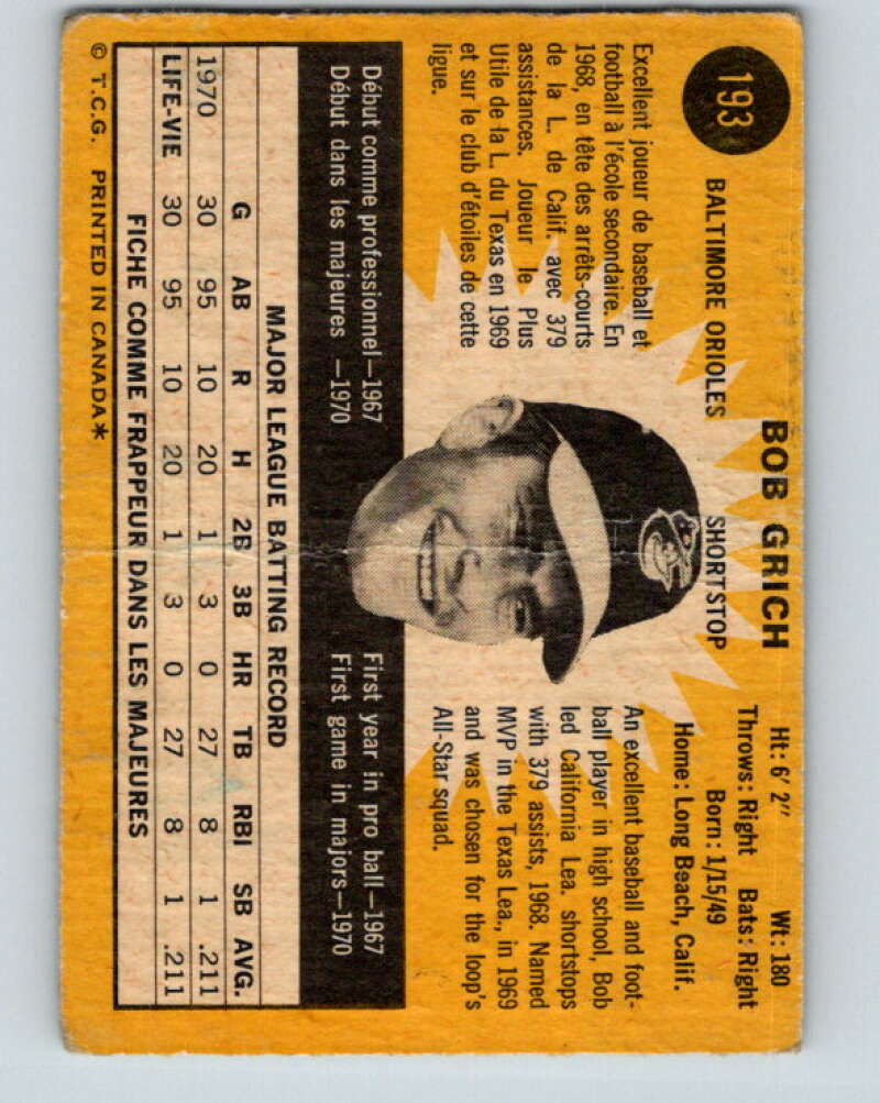 1971 O-Pee-Chee MLB #193 Bobby Grich� RC Rookie Baltimore� V11006