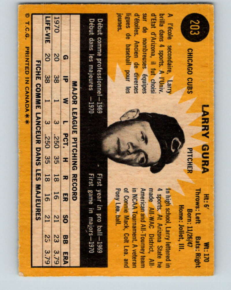 1971 O-Pee-Chee MLB #203 Larry Gura� RC Rookie Chicago Cubs� V11021