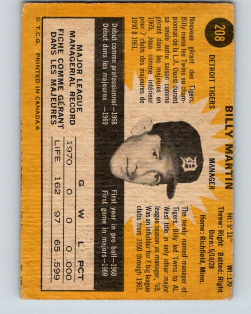 1971 O-Pee-Chee MLB #208 Billy Martin� Detroit Tigers� V11028