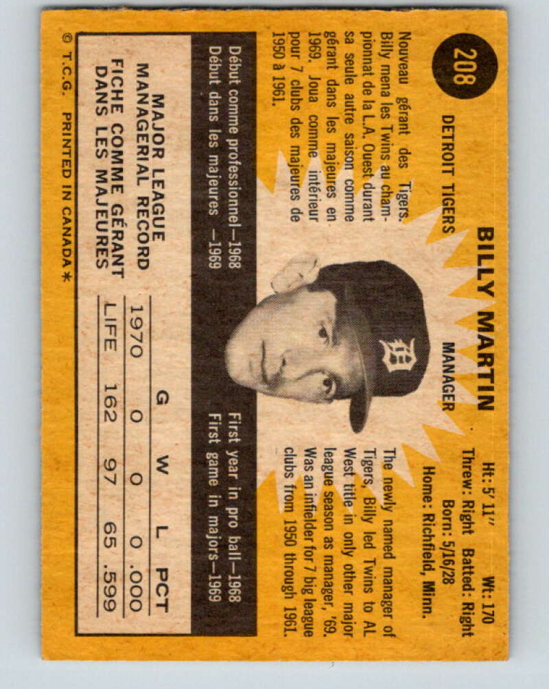 1971 O-Pee-Chee MLB #208 Billy Martin� Detroit Tigers� V11029