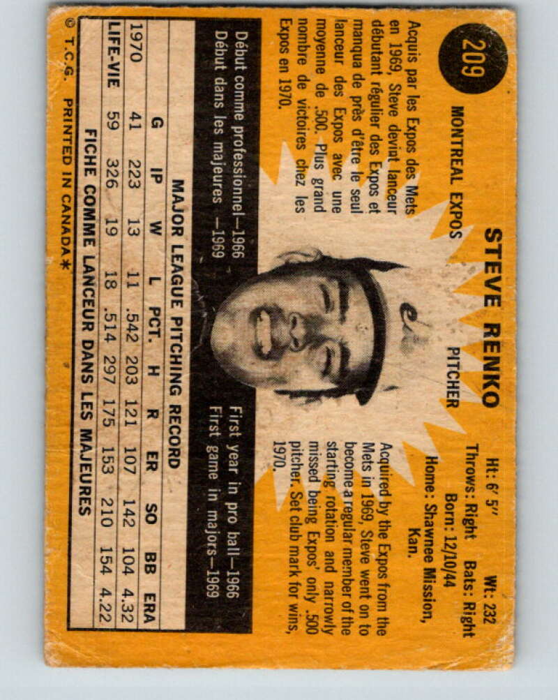 1971 O-Pee-Chee MLB #209 Steve Renko� Montreal Expos� V11032