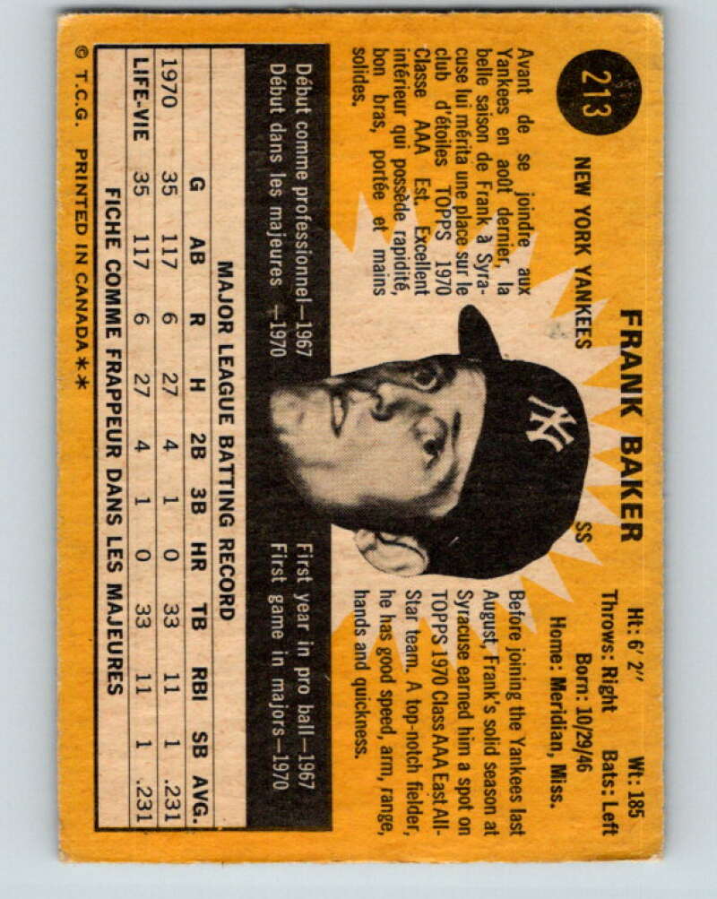 1971 O-Pee-Chee MLB #213 Frank Baker�RC Rookie Yankees� V11037