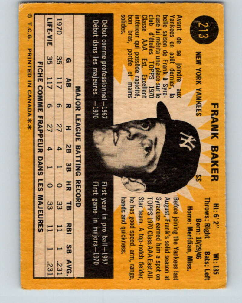 1971 O-Pee-Chee MLB #213 Frank Baker�RC Rookie Yankees� V11039