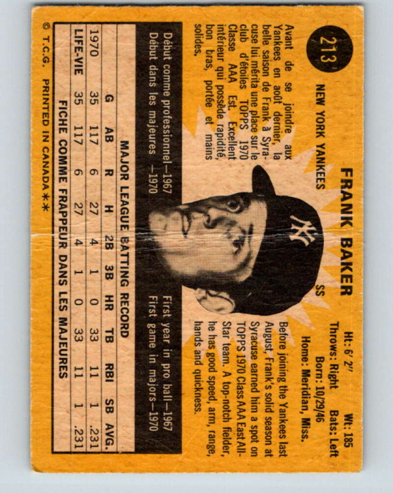 1971 O-Pee-Chee MLB #213 Frank Baker�RC Rookie Yankees� V11041