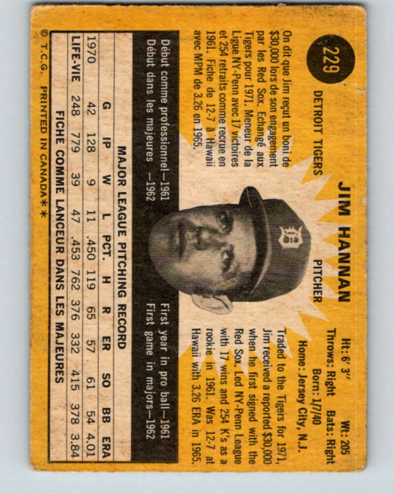 1971 O-Pee-Chee MLB #229 Jim Hannan� Detroit Tigers� V11059