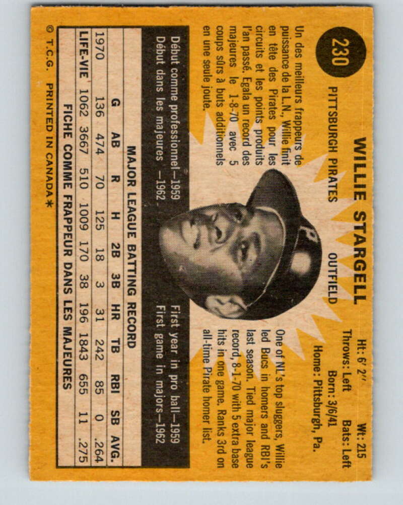 1971 O-Pee-Chee MLB #230 Willie Stargell� Pittsburgh Pirates� V11063