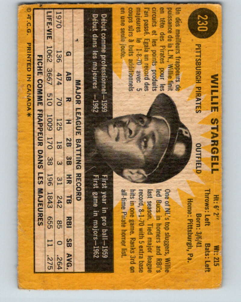 1971 O-Pee-Chee MLB #230 Willie Stargell� Pittsburgh Pirates� V11064