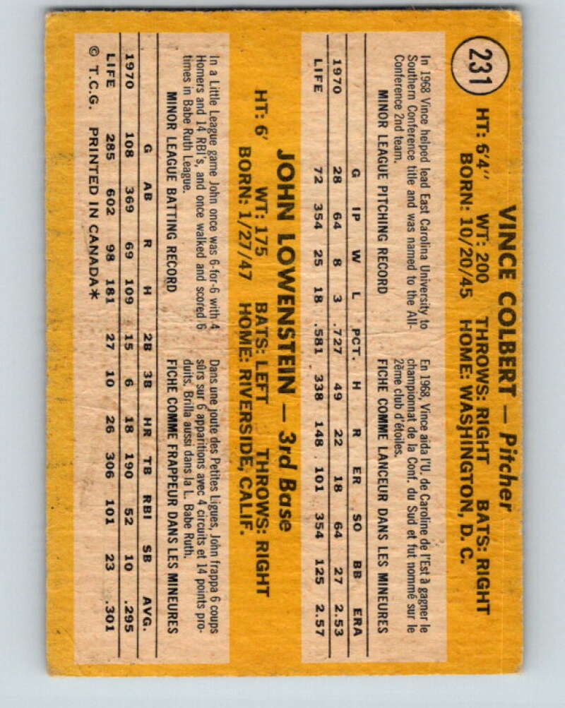 1971 O-Pee-Chee MLB #231 Colbert/Lowenstein� RC Rookie� V11065