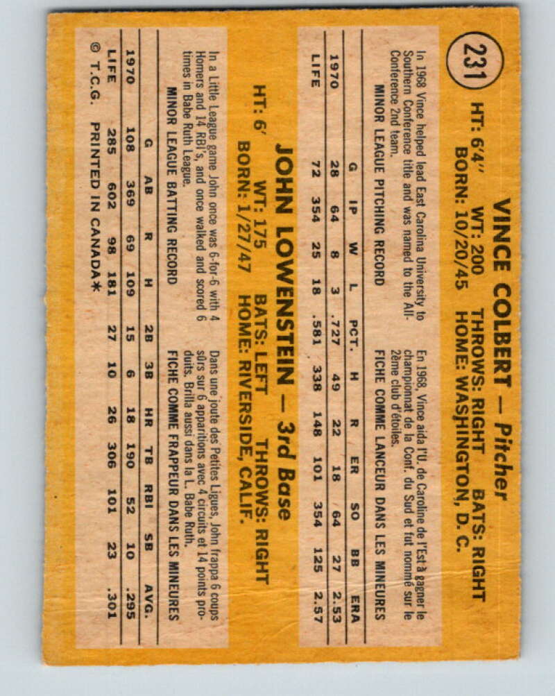 1971 O-Pee-Chee MLB #231 Colbert/Lowenstein� RC Rookie� V11069