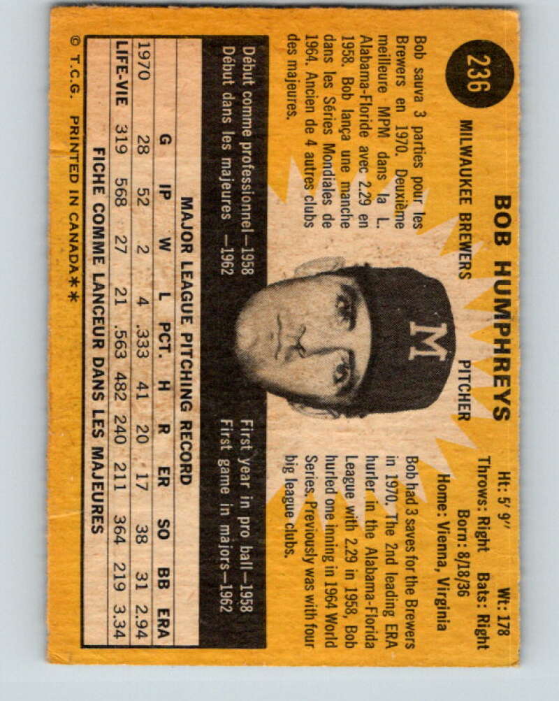 1971 O-Pee-Chee MLB #236 Bob Humphreys� Milwaukee Brewers� V11073