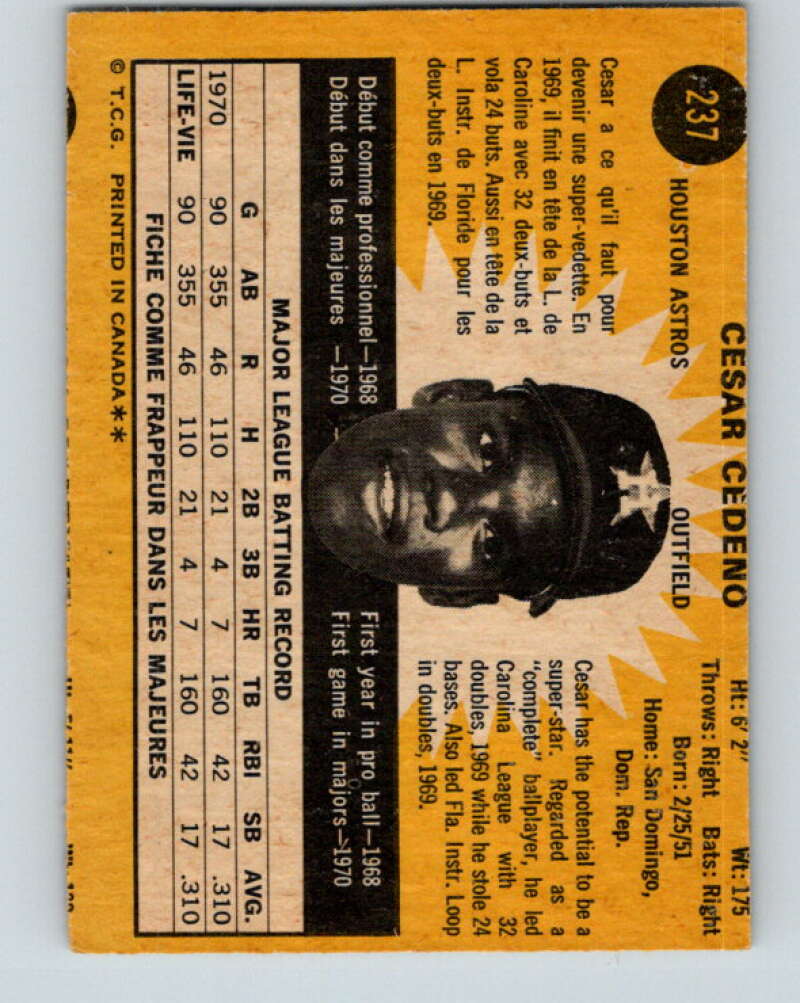 1971 O-Pee-Chee MLB #237 Cesar Cedeno� RC Rookie Houston Astros� V11077