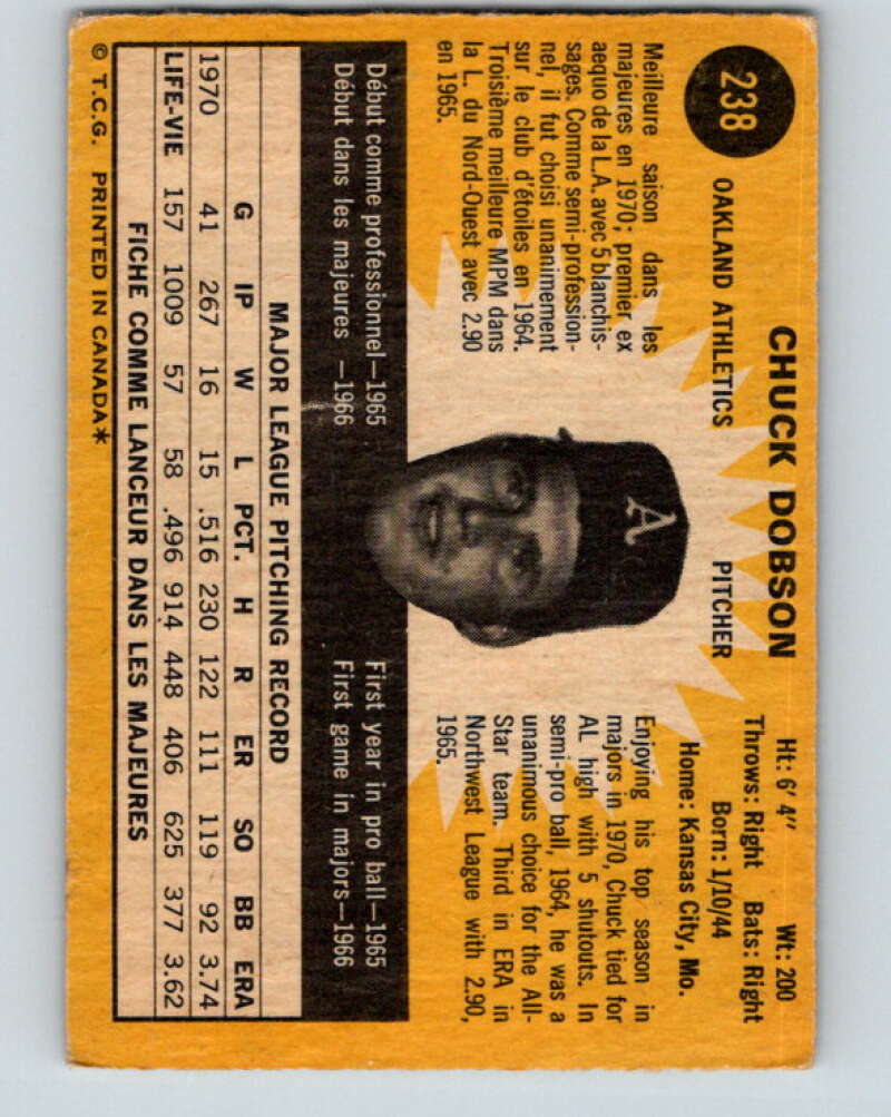 1971 O-Pee-Chee MLB #238 Chuck Dobson� Oakland Athletics� V11078
