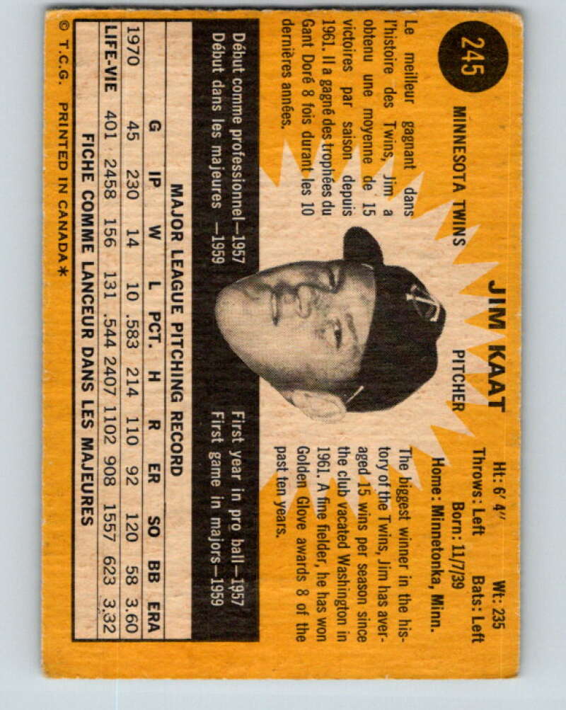 1971 O-Pee-Chee MLB #245 Jim Kaat� Minnesota Twins� V11090
