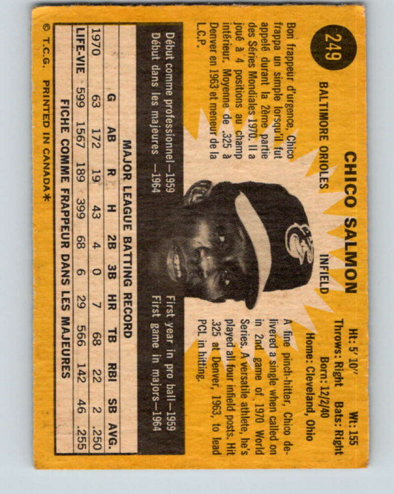 1971 O-Pee-Chee MLB #249 Chico Salmon� Baltimore Orioles� V11095