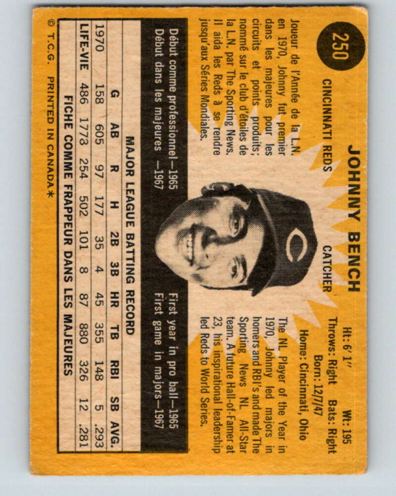 1971 O-Pee-Chee MLB #250 Johnny Bench� Cincinnati Reds� V11098