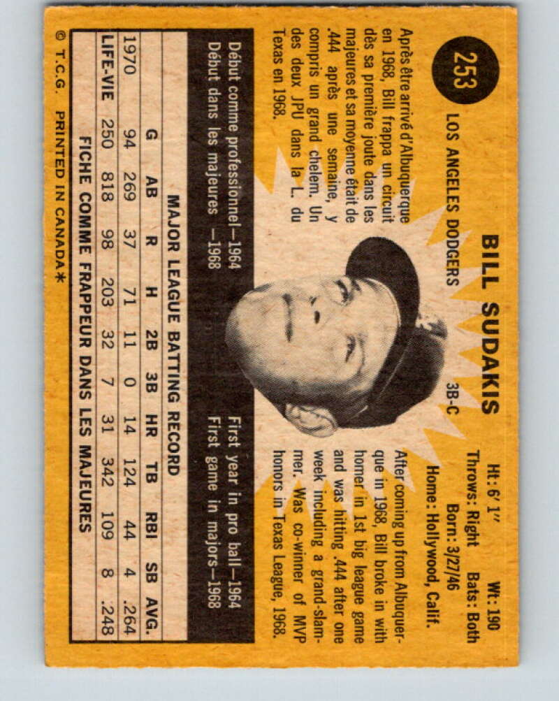 1971 O-Pee-Chee MLB #253 Bill Sudakis� Los Angeles Dodgers� V11102