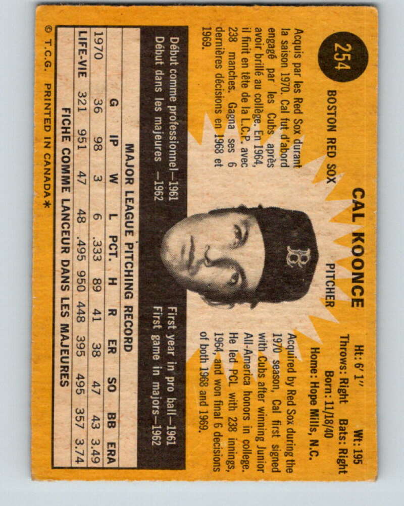 1971 O-Pee-Chee MLB #254 Cal Koonce� Boston Red Sox� V11104