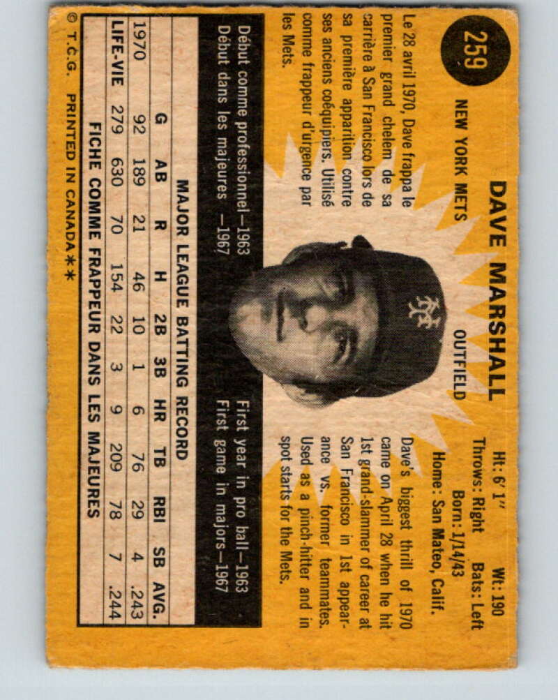 1971 O-Pee-Chee MLB #259 Dave Marshall� New York Mets� V11111