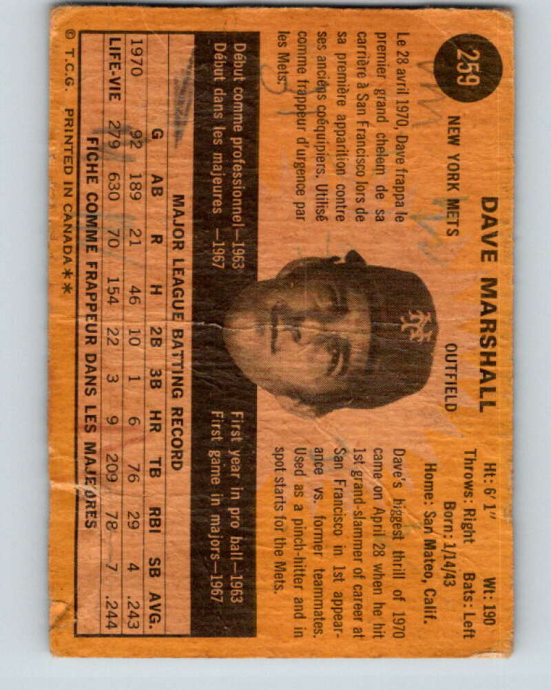 1971 O-Pee-Chee MLB #259 Dave Marshall� New York Mets� V11113