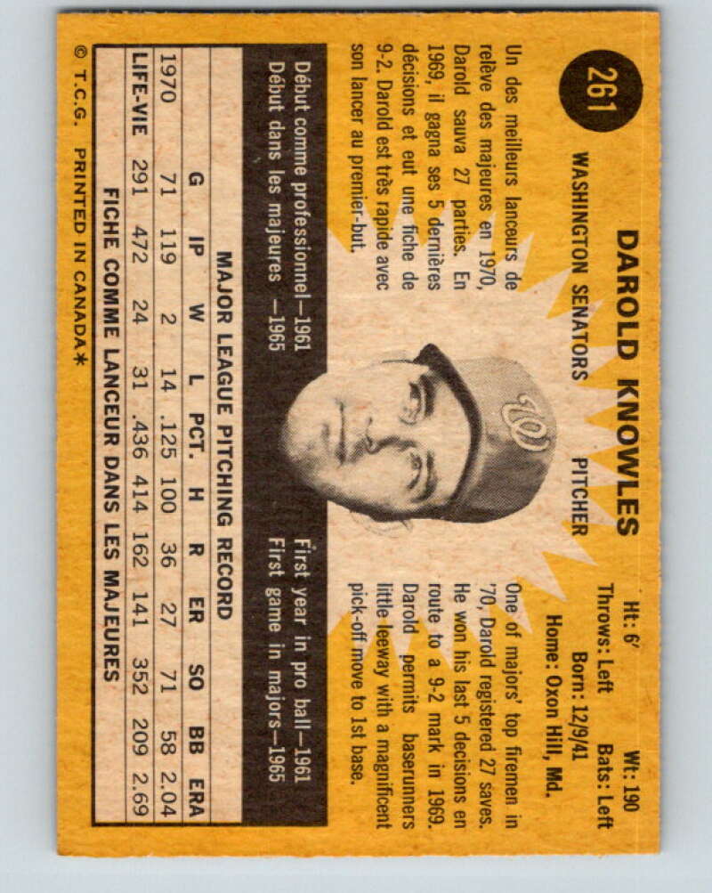 1971 O-Pee-Chee MLB #261 Darold Knowles� Washington Senators� V11117