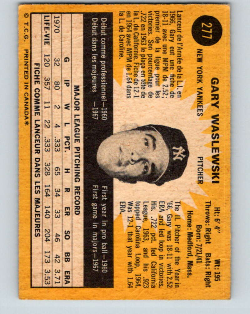 1971 O-Pee-Chee MLB #277 Gary Waslewski� New York Yankees� V11133