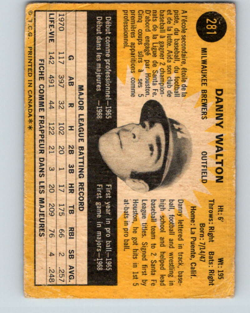 1971 O-Pee-Chee MLB #281 Danny Walton� Milwaukee Brewers� V11134