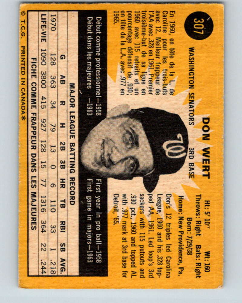 1971 O-Pee-Chee MLB #307 Don Wert� Washington Senators� V11147