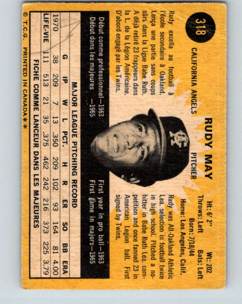 1971 O-Pee-Chee MLB #318 Rudy May� California Angels� V11153