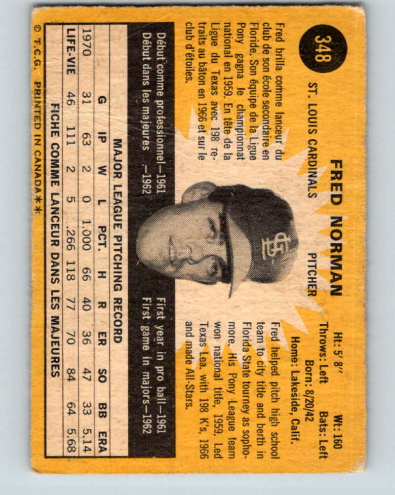 1971 O-Pee-Chee MLB #348 Fred Norman� St. Louis Cardinals� V11168