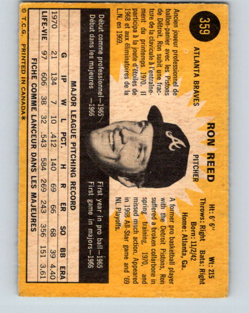 1971 O-Pee-Chee MLB #359 Ron Reed� Atlanta Braves� V11173