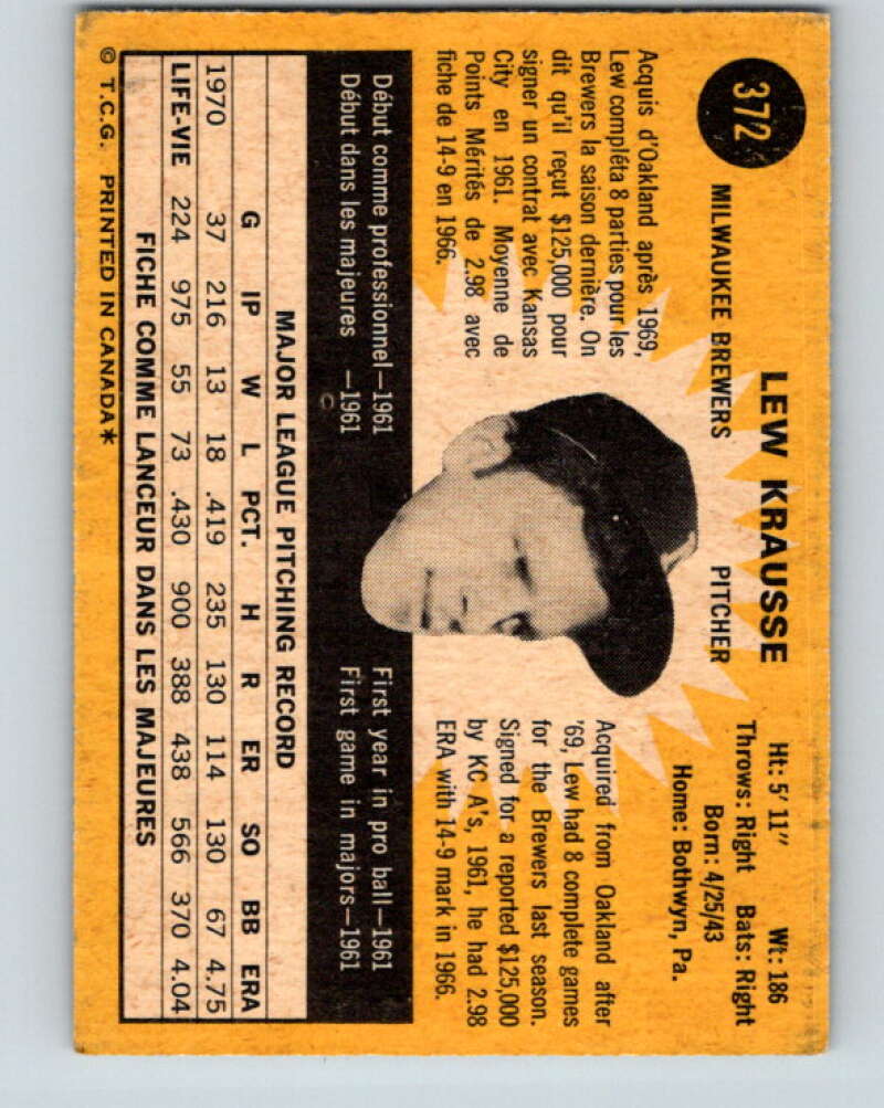 1971 O-Pee-Chee MLB #372 Lew Krausse� Milwaukee Brewers� V11180