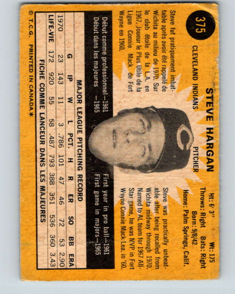 1971 O-Pee-Chee MLB #375 Steve Hargan� Cleveland Indians� V11181