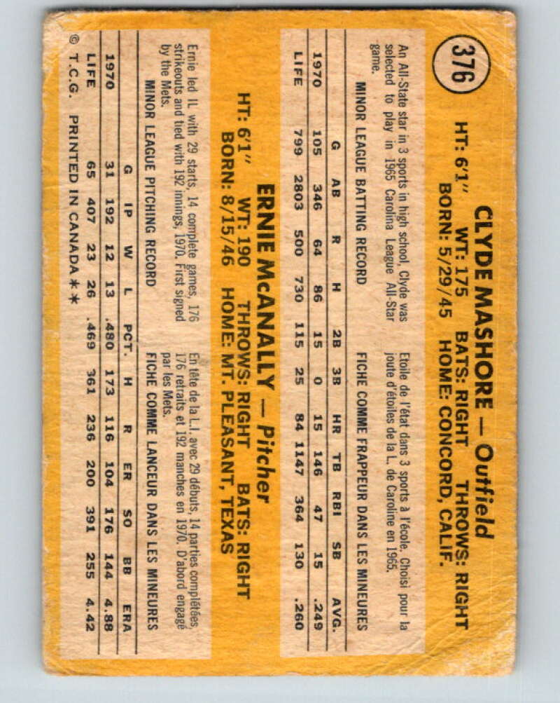 1971 O-Pee-Chee MLB #376  Mashore/ McAnally� RC Rookie  V11182