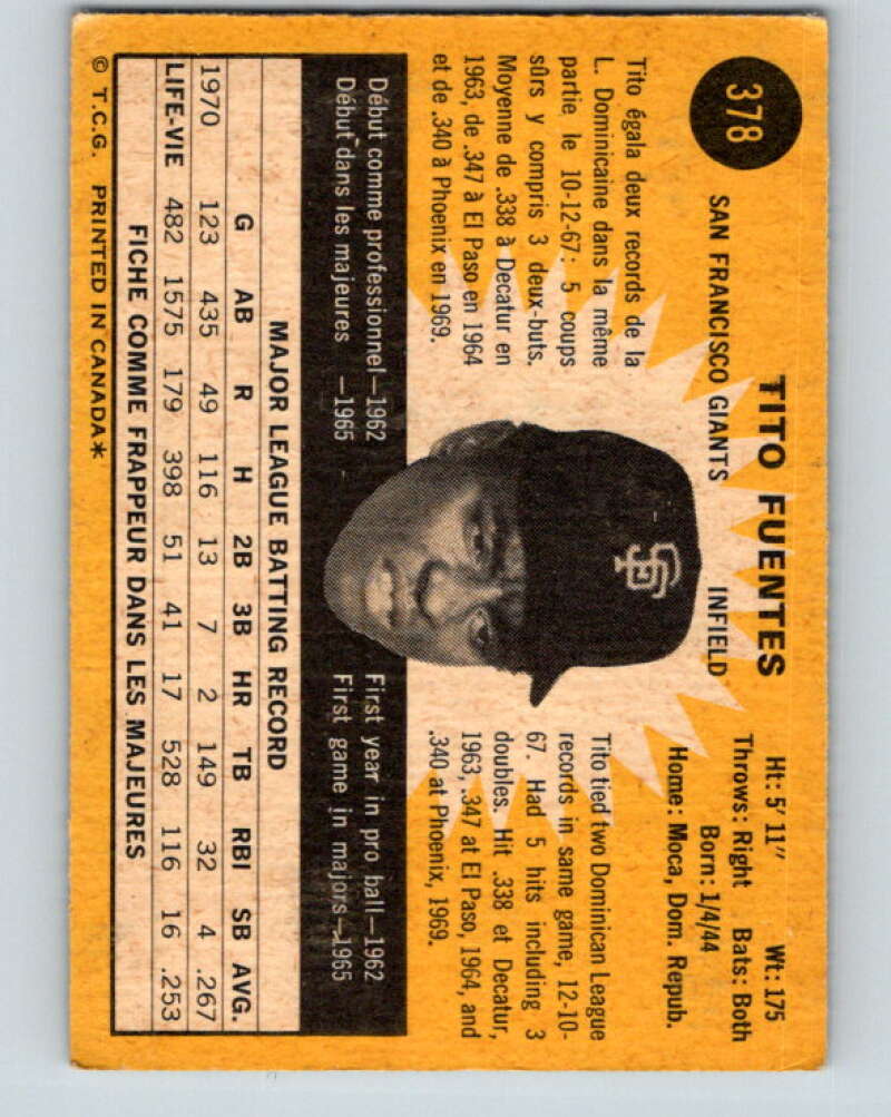 1971 O-Pee-Chee MLB #378 Tito Fuentes� San Francisco Giants� V11184