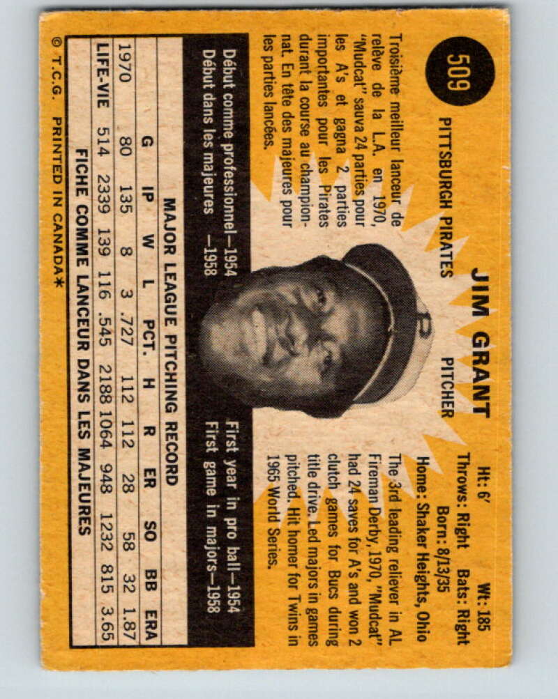 1971 O-Pee-Chee MLB #509 Jim Grant� Pittsburgh Pirates� V11196