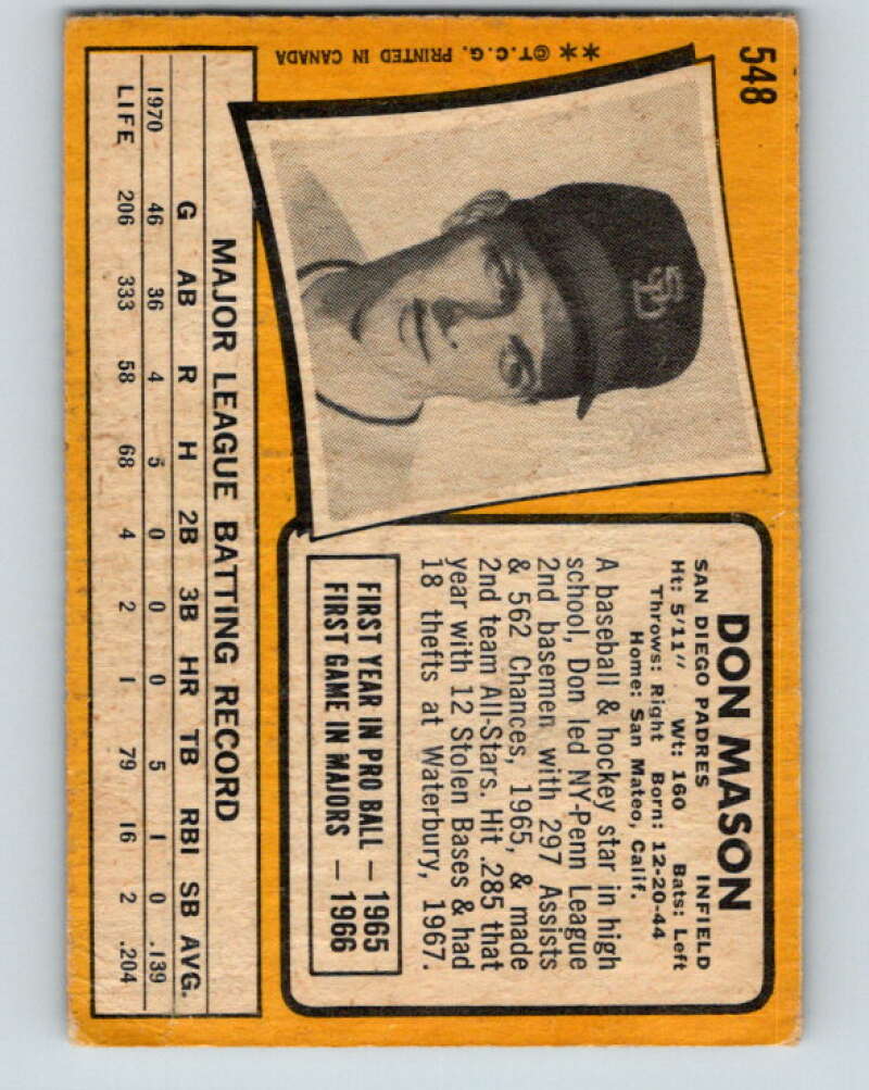 1971 O-Pee-Chee MLB #548 Don Mason� San Diego Padres� V11199