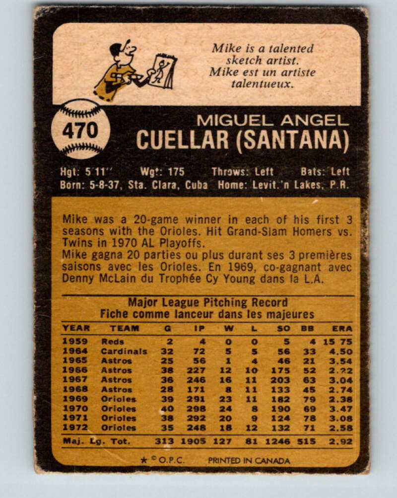 1973 O-Pee-Chee MLB #470 Mike Cuellar  Baltimore Orioles  V11211