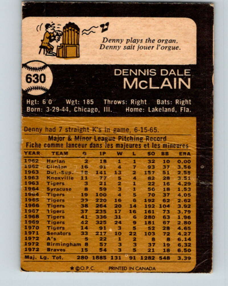 1973 O-Pee-Chee MLB #630 Denny McLain  Atlanta Braves  V11215