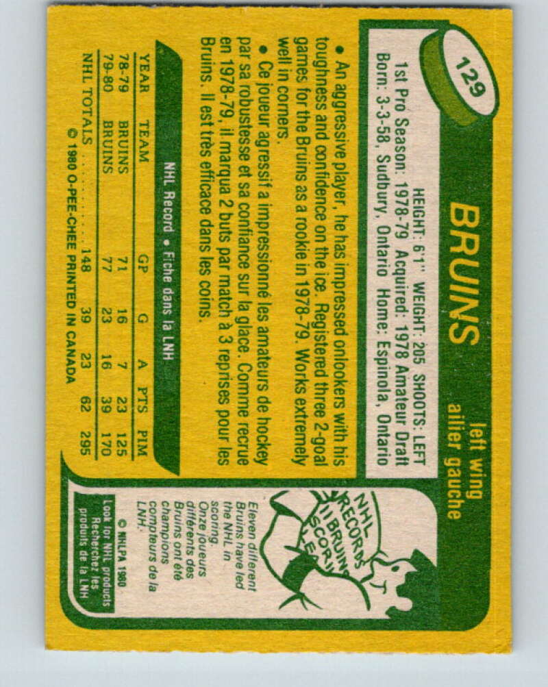1980-81 O-Pee-Chee #129 Al Secord  RC Rookie Boston Bruins  V11423