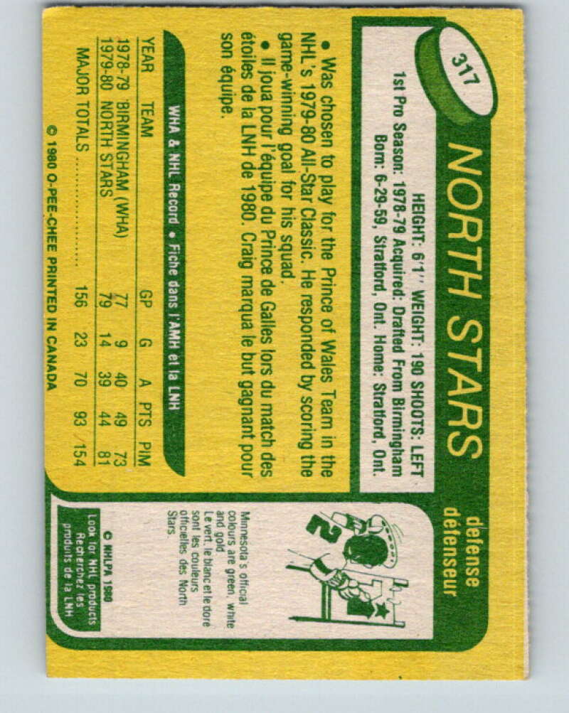 1980-81 O-Pee-Chee #317 Craig Hartsburg  RC Rookie Minnesota North Stars  V11532