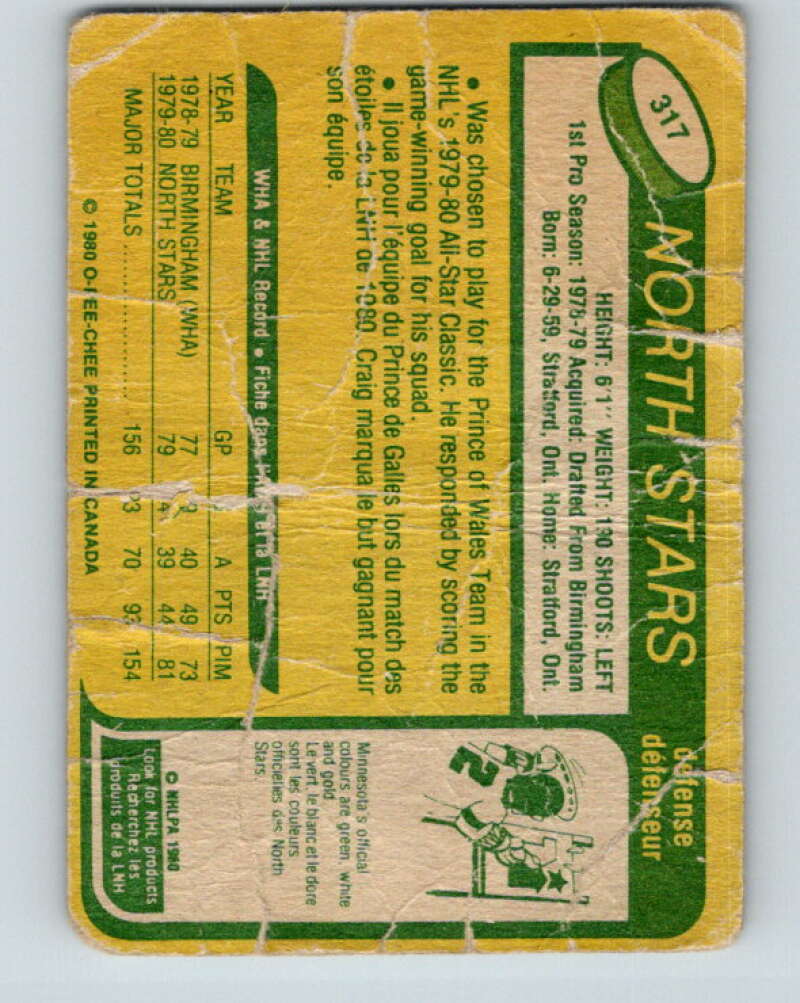 1980-81 O-Pee-Chee #317 Craig Hartsburg  RC Rookie Minnesota North Stars  V11536