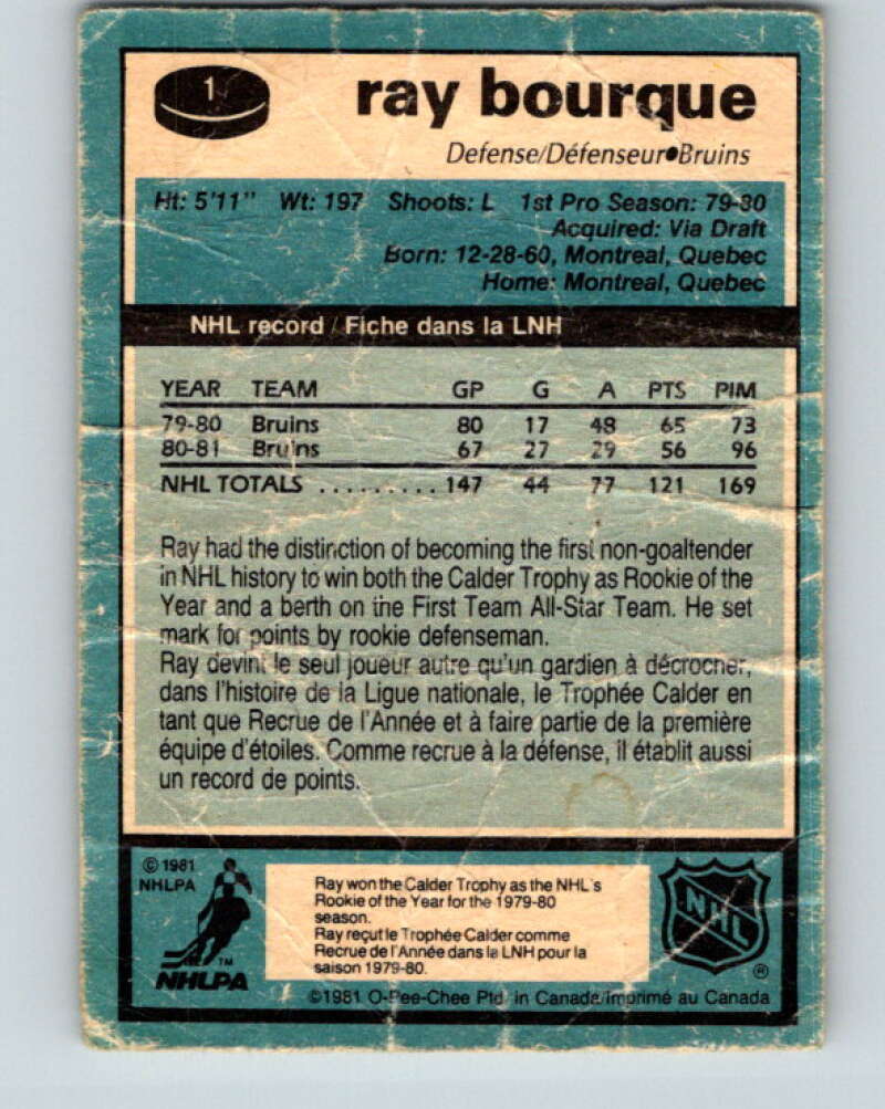 1981-82 O-Pee-Chee #1 Ray Bourque  Boston Bruins  V11604