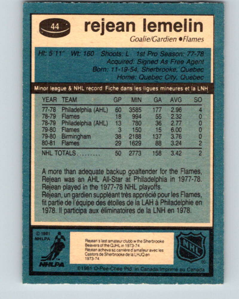 1981-82 O-Pee-Chee #44 Reggie Lemelin  RC Rookie Calgary Flames  V11615