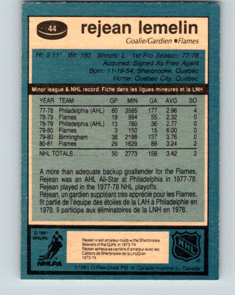 1981-82 O-Pee-Chee #44 Reggie Lemelin  RC Rookie Calgary Flames  V11616