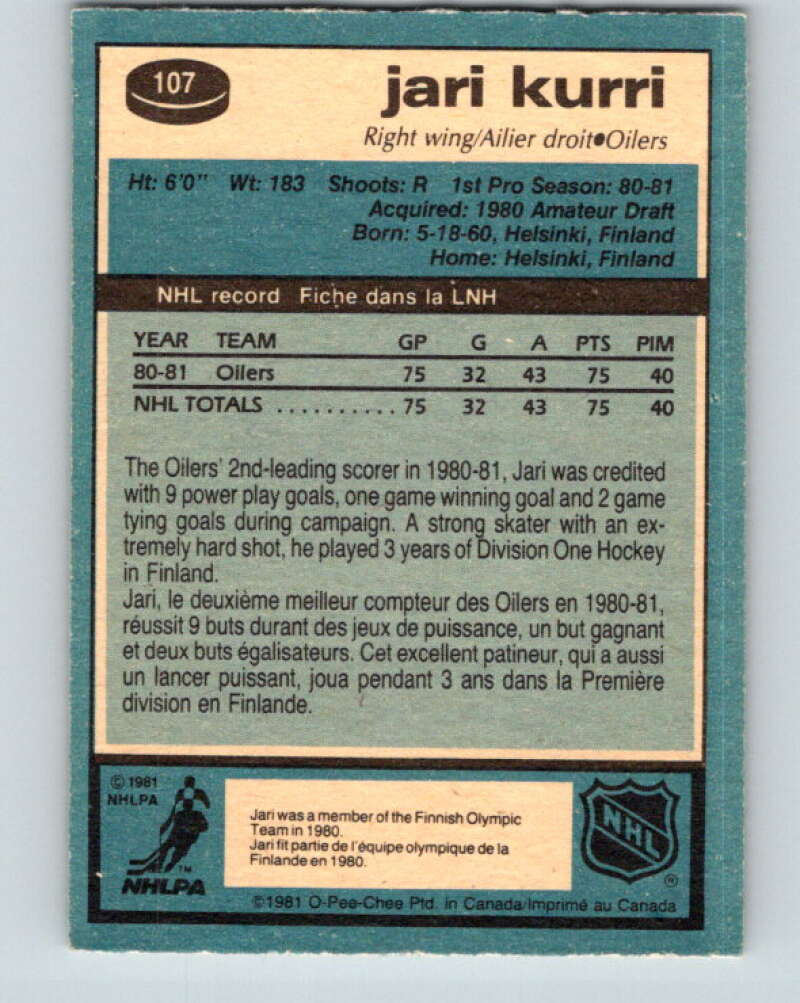 1981-82 O-Pee-Chee #107 Jari Kurri  RC Rookie Edmonton Oilers  V11631