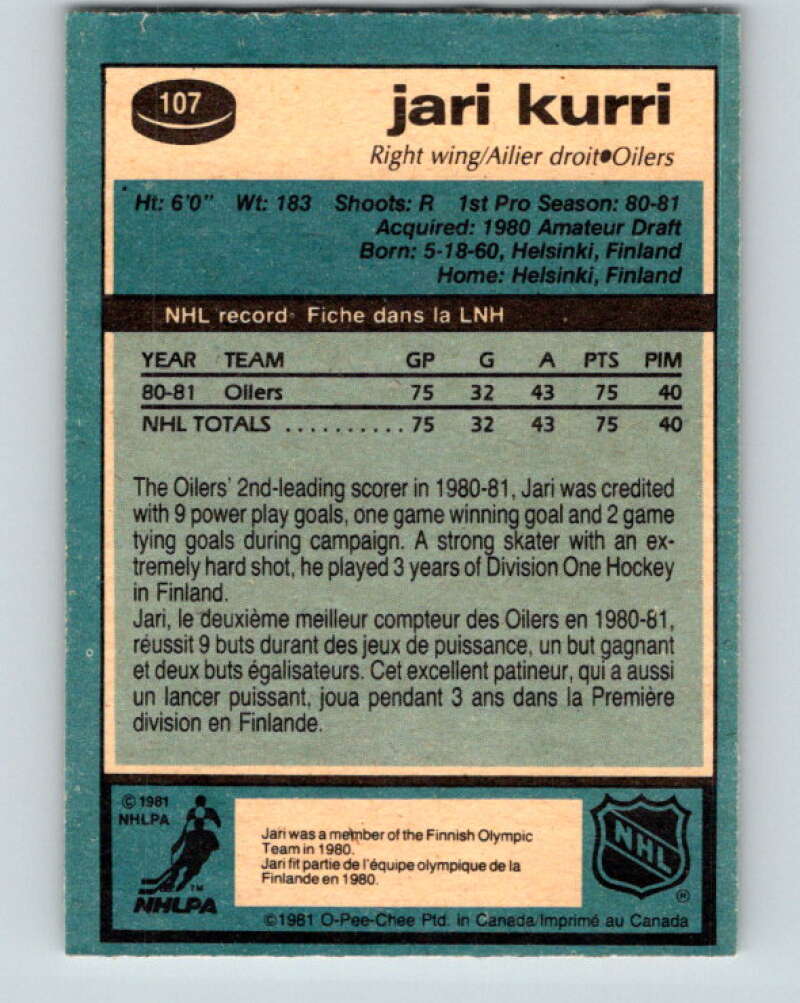 1981-82 O-Pee-Chee #107 Jari Kurri  RC Rookie Edmonton Oilers  V11632
