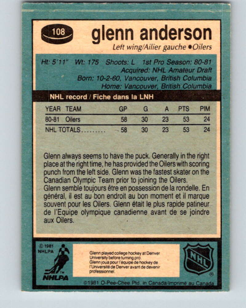 1981-82 O-Pee-Chee #108 Glenn Anderson  RC Rookie Edmonton Oilers  V11636